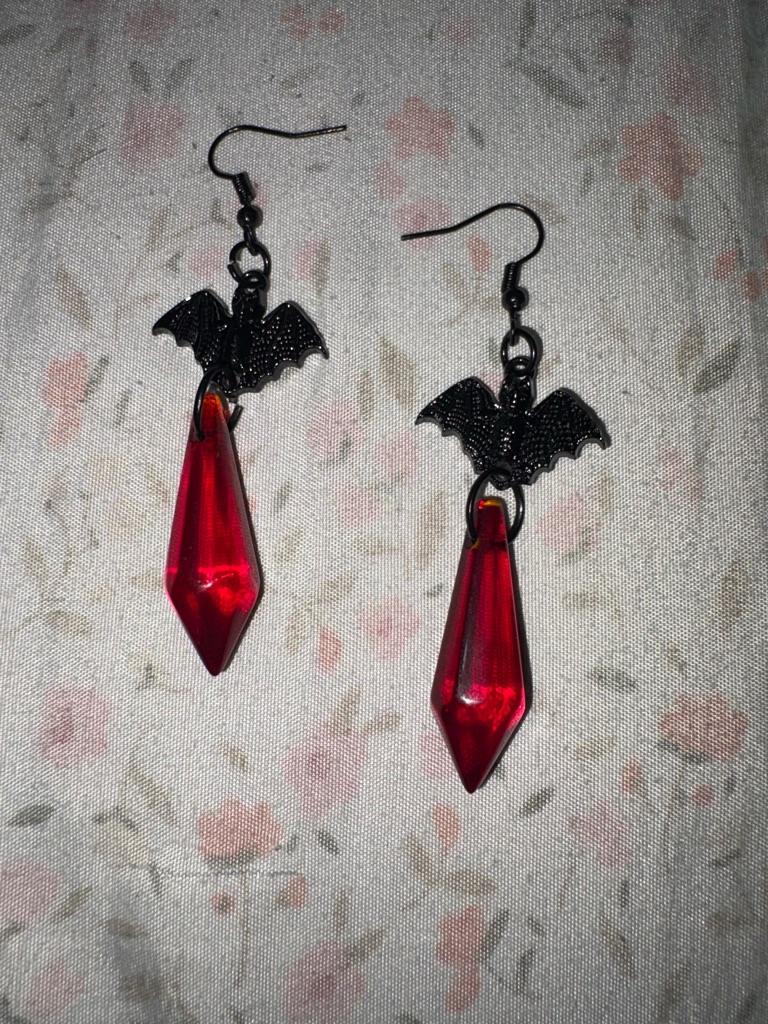 Custom Made Black Bat And Red Crystal Drop Earrings For Women